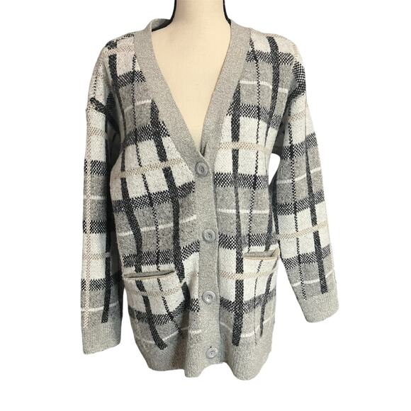 Cyrus | Women's Black Gray White Plaid Wool Blend Pockets Grandpa Cardigan Sz M - Picture 1 of 5